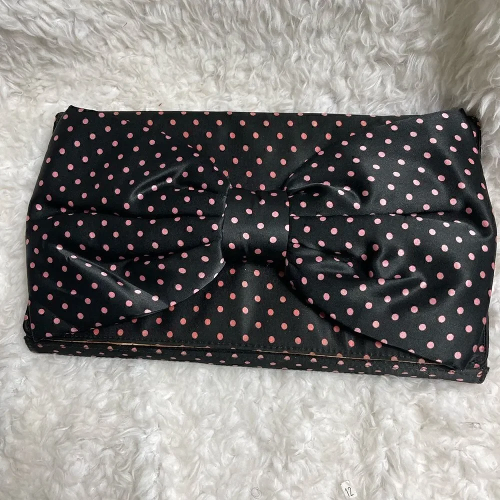 COPY - Betsey Johnson Satin Navy blue and pink polka dots Satin clutch with bow…